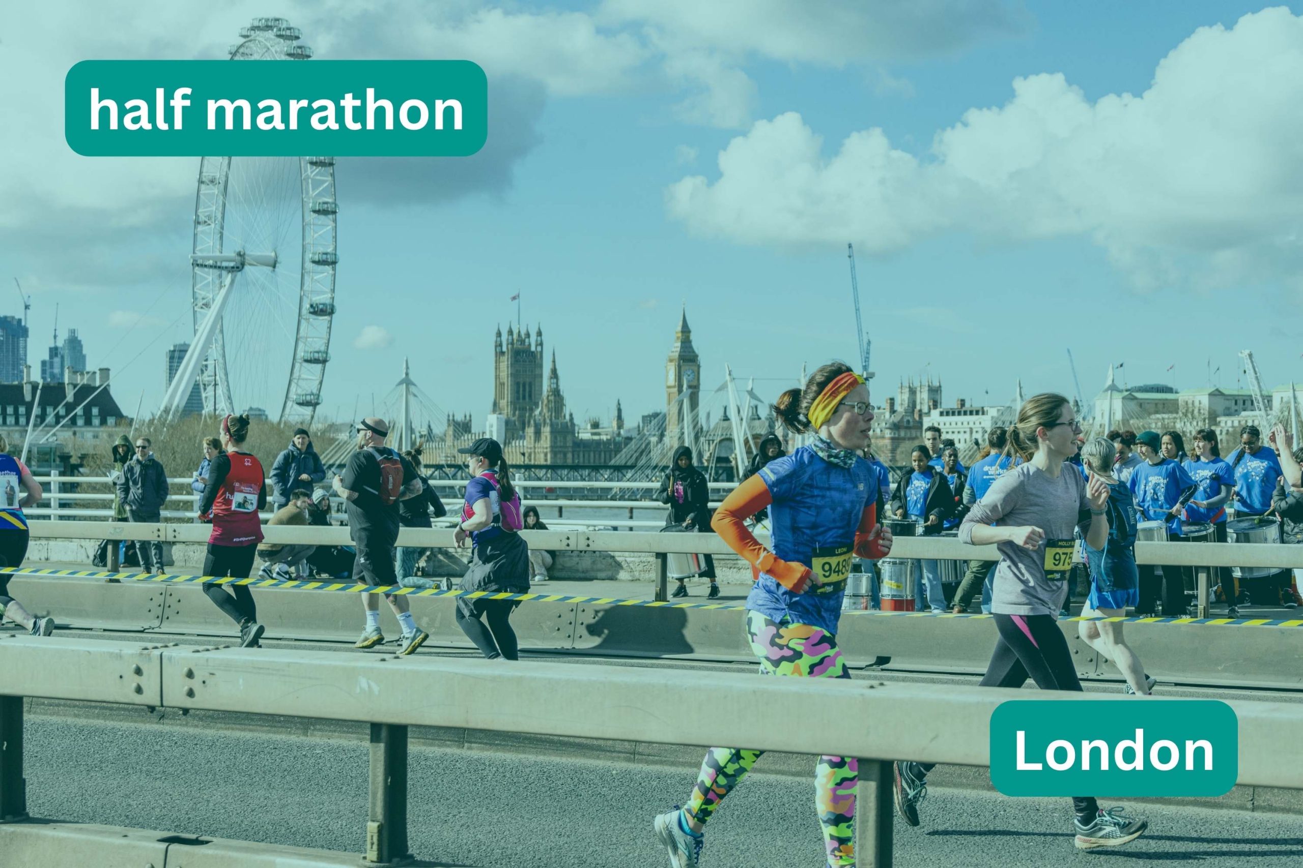 woman running across bridge in London with London eye in the background. title text: Half marathon, London