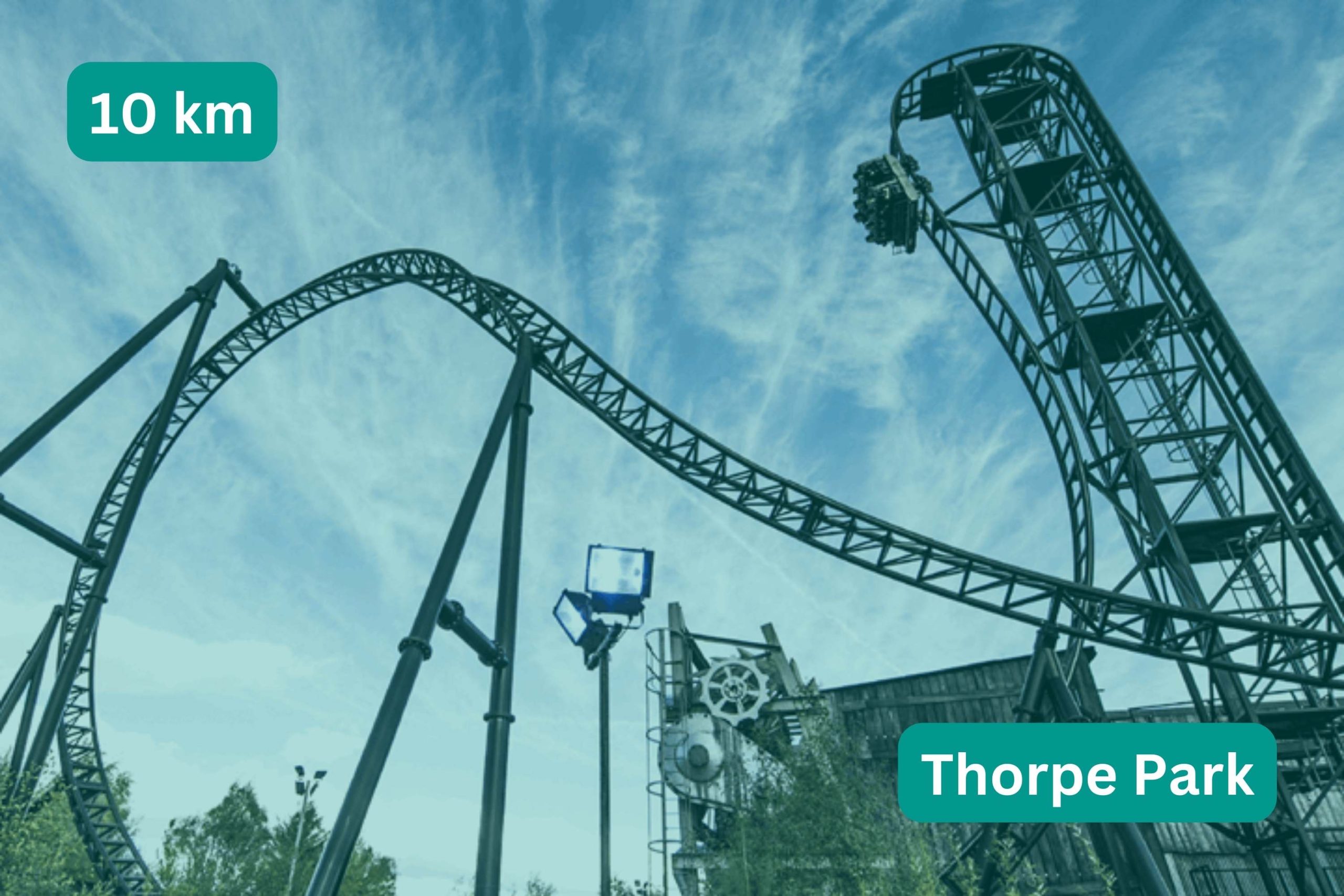 Rollercoaster in Thorpe Park. Title text 10km, Thorpe Park