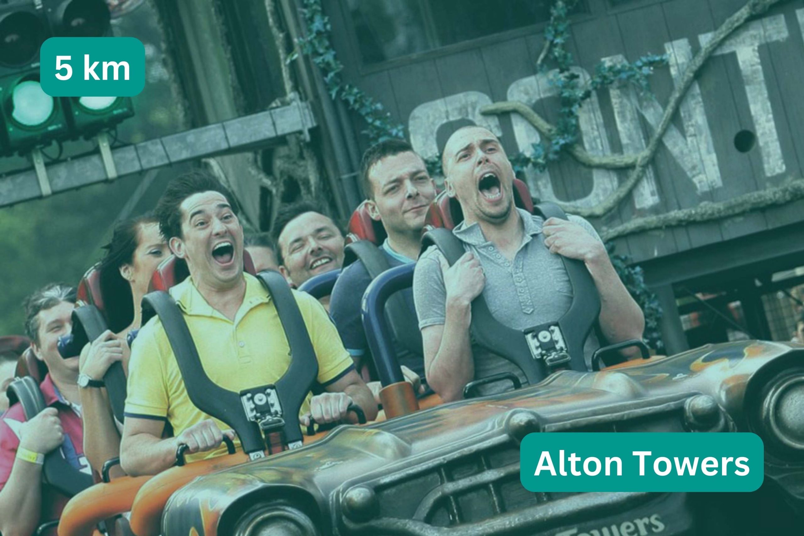 People on roller coaster in Alton Towers. Title text 5km, Alton Towers