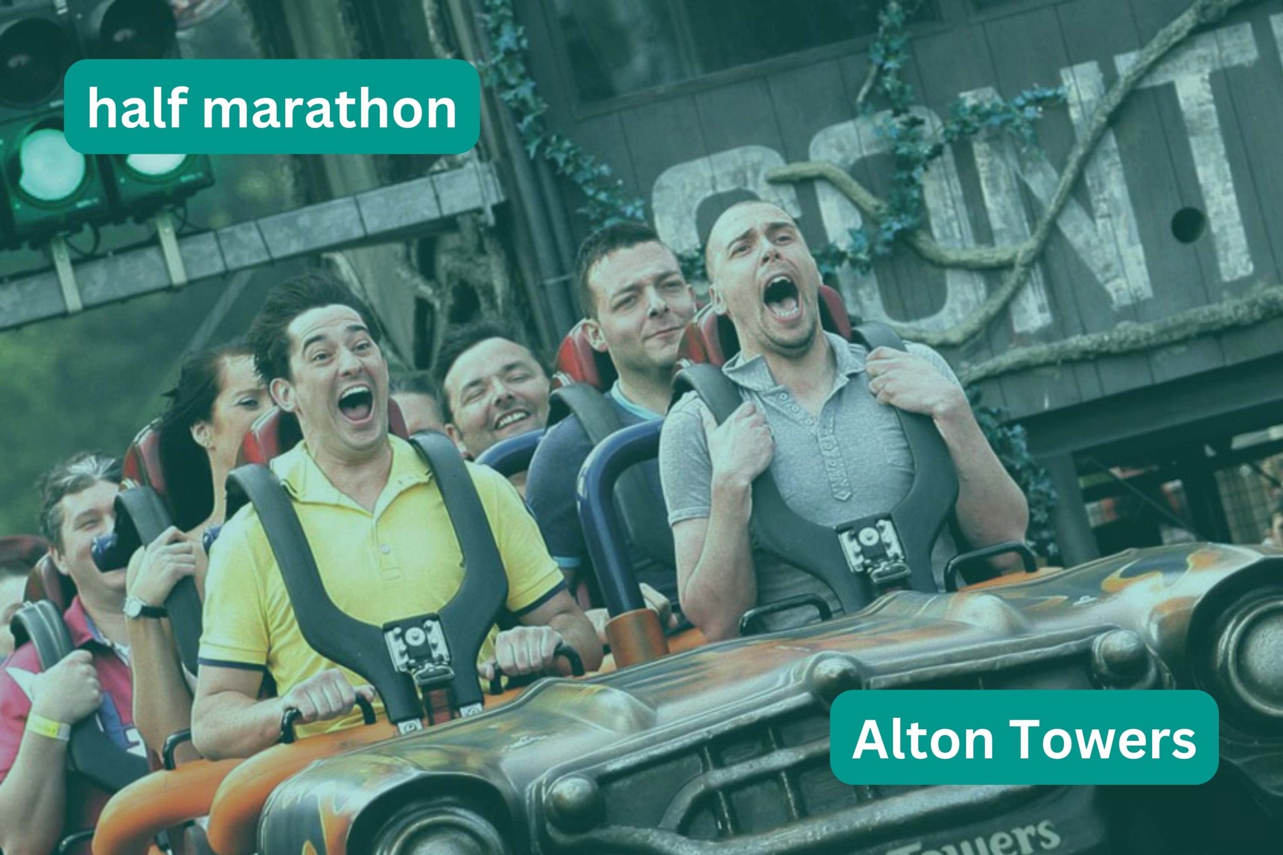 People on roller coaster in Alton Towers. Title text half maraton, Alton Towers