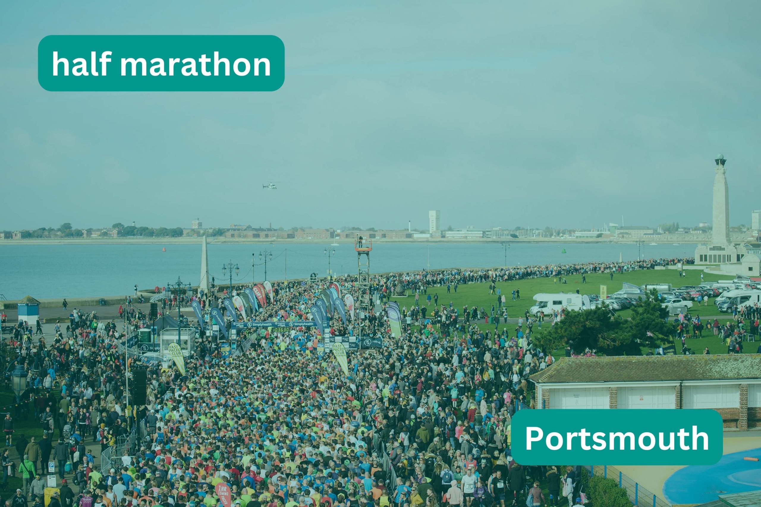 prominade of Portsmouth filled with runners. title text half marathon portsmouth